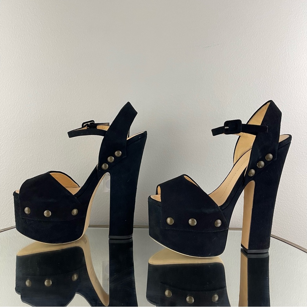 GIUSEPPE ZANOTTI Black Suede Brass Stud Betty Alien Platform Peep Toe Heels - Picture 8 of 14